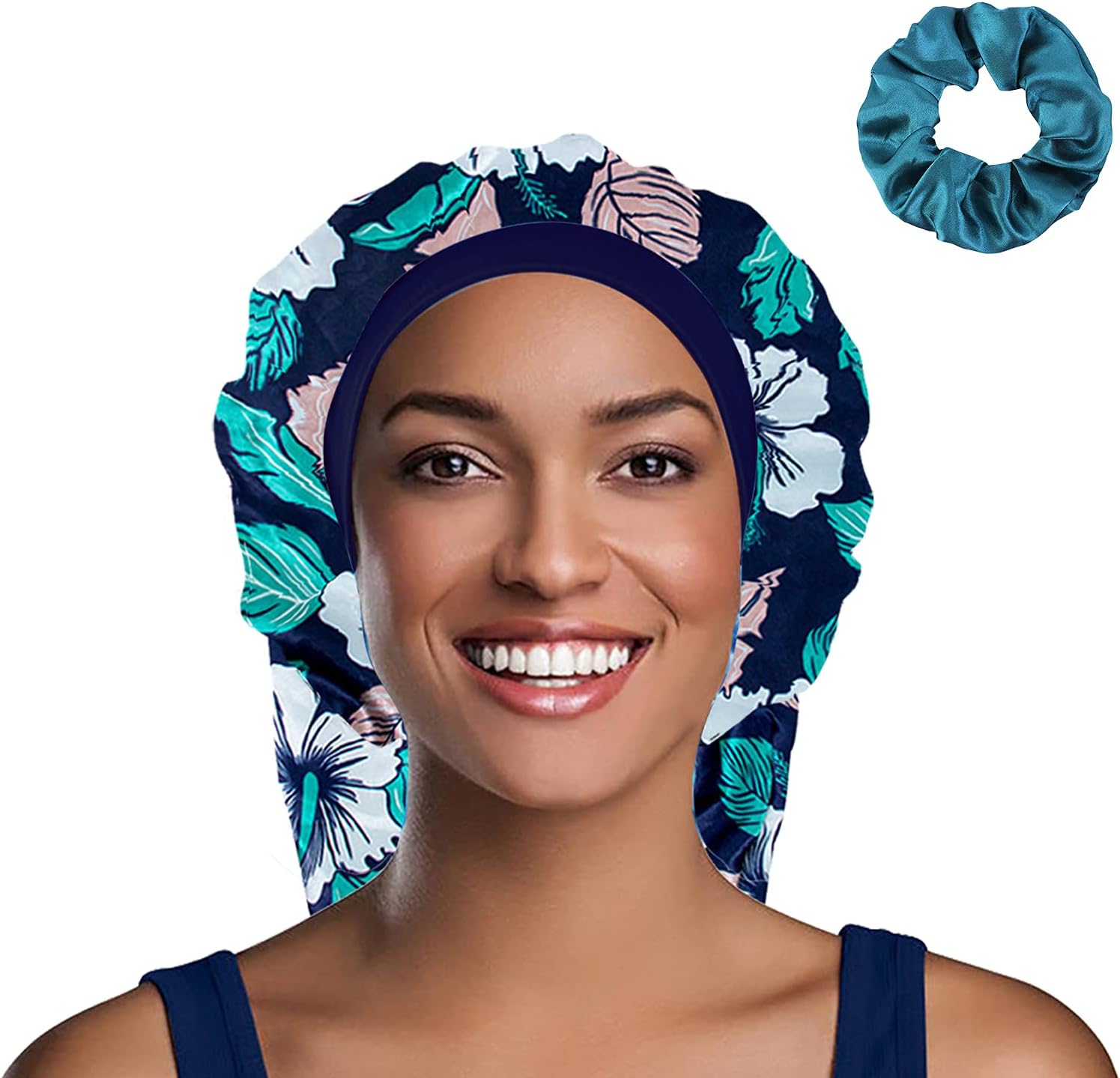Braid Bonnet for Sleeping Sleep Bonnet Cap Long Bonnet for Braids Silky Elastic Band for Women Dreadlocks, Braid Long Hair, Curly Hair (Blue Flower)