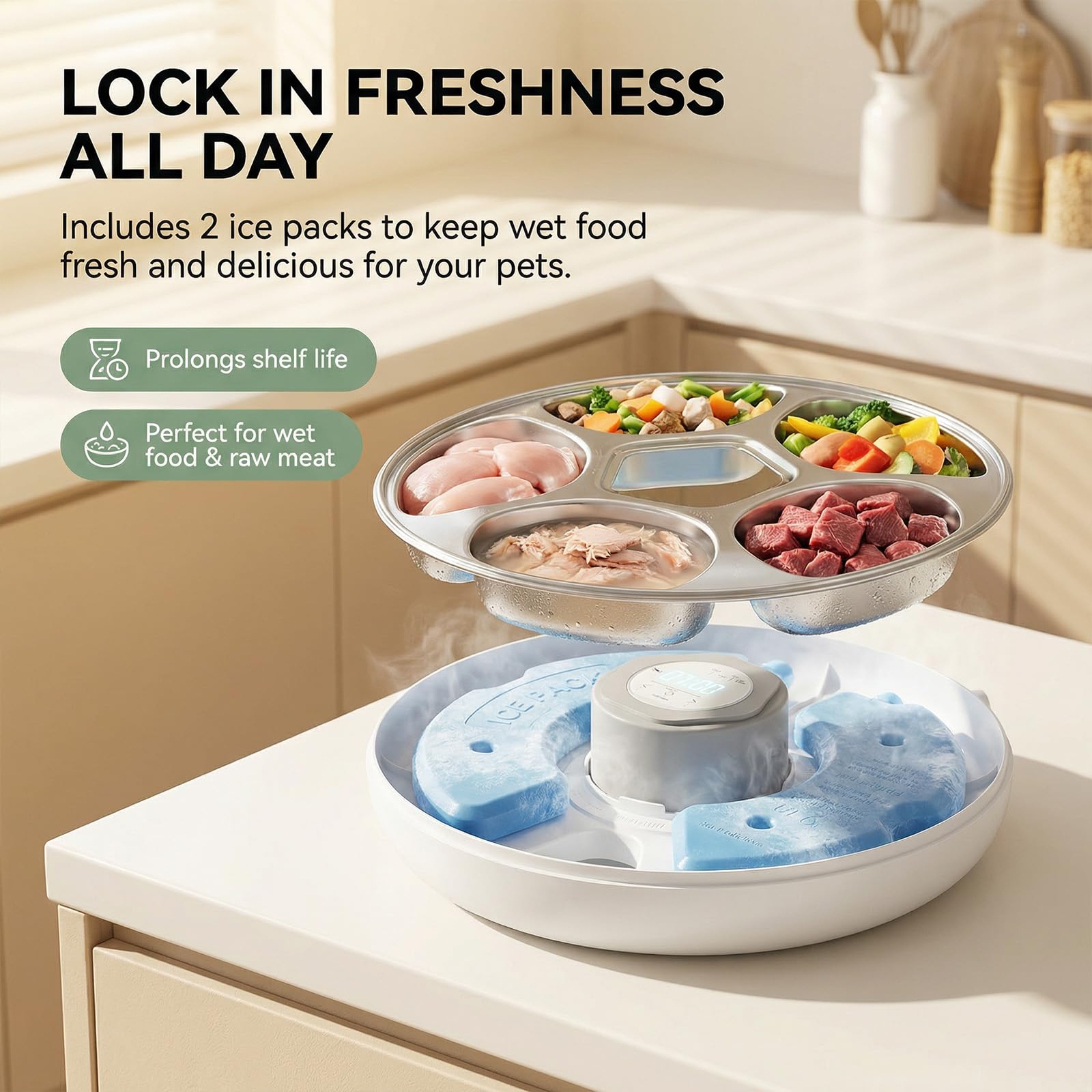 Ownpets Automatic Cat Feeder for Wet Food, with Stainless Steel Tray, 6 Meals Rechargeable Auto Pet Feeder with 2 Ice Packs, Cat Food Dispenser for Cats Small Dogs - image 2