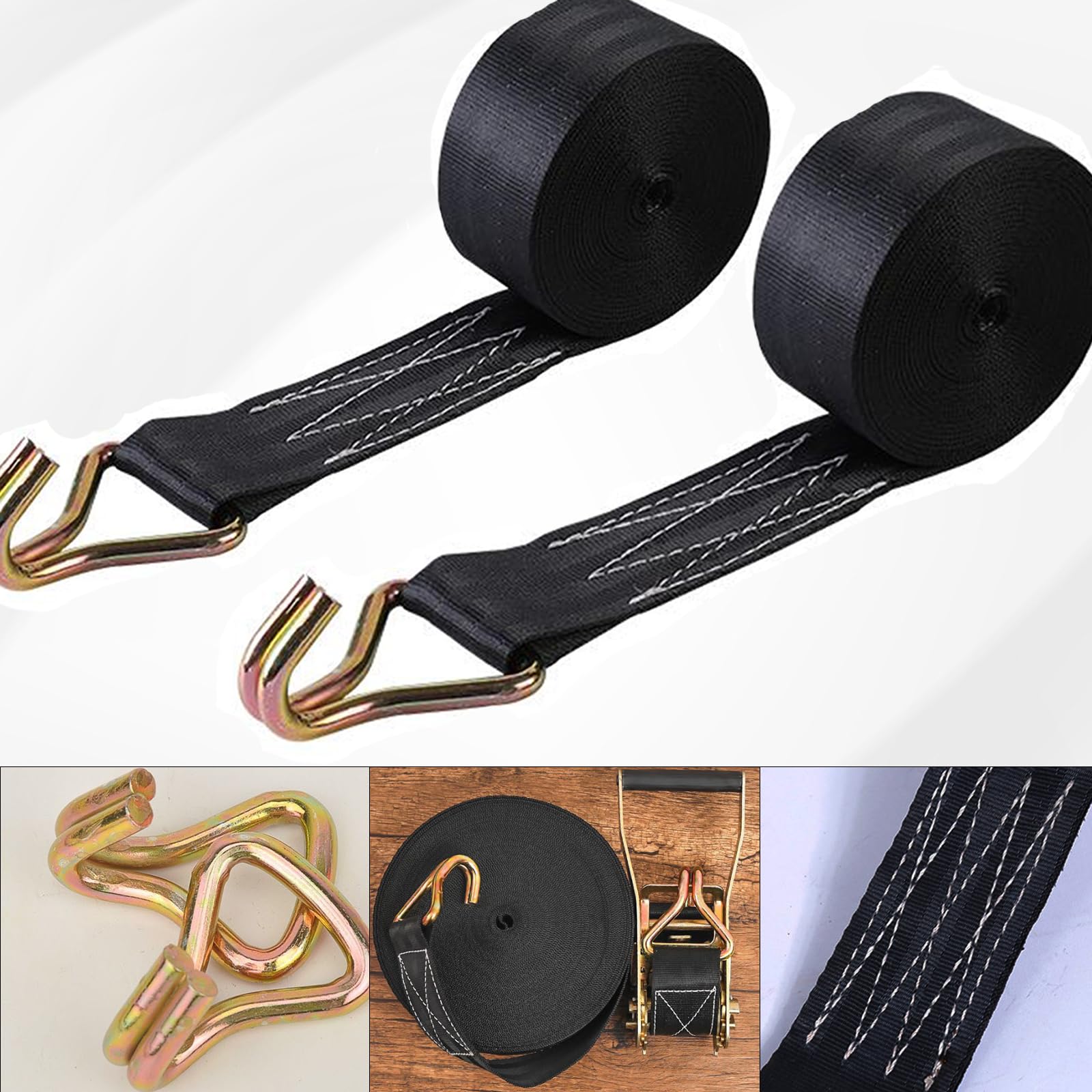 4 correas de trinquete resistentes - Resistencia a la rotura de 3628,7 kg - Correas de trinquete de 5,1 cm x 8,2 m con doble gancho J duradero para camión, remolque, techo de coche