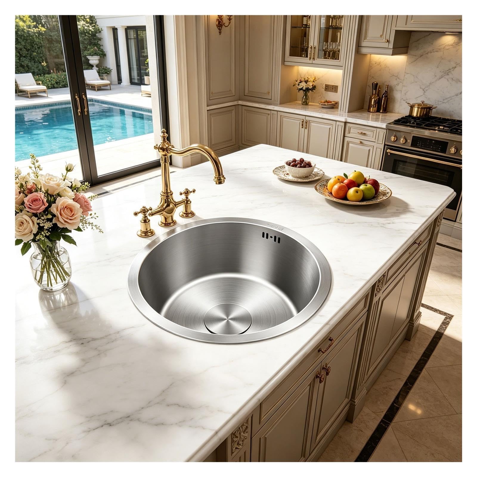 Lavabo Cucina In Acciaio Inox Tondo con Set Di Drenaggio
