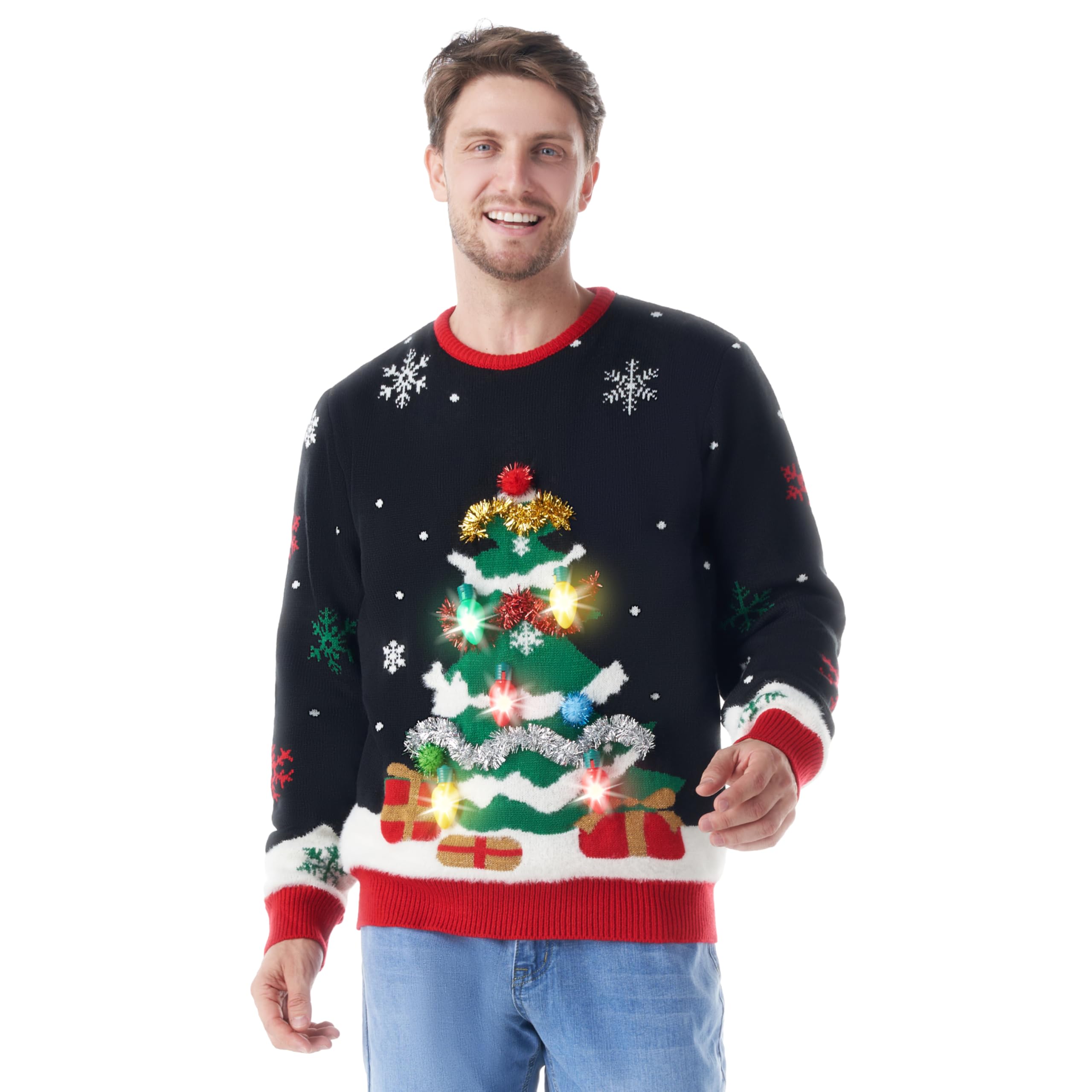 Giggling Getup Ugly Christmas Sweater for Men, LED Light Up Christmas Tree Pullover, Holiday Knitwear for Men-XL