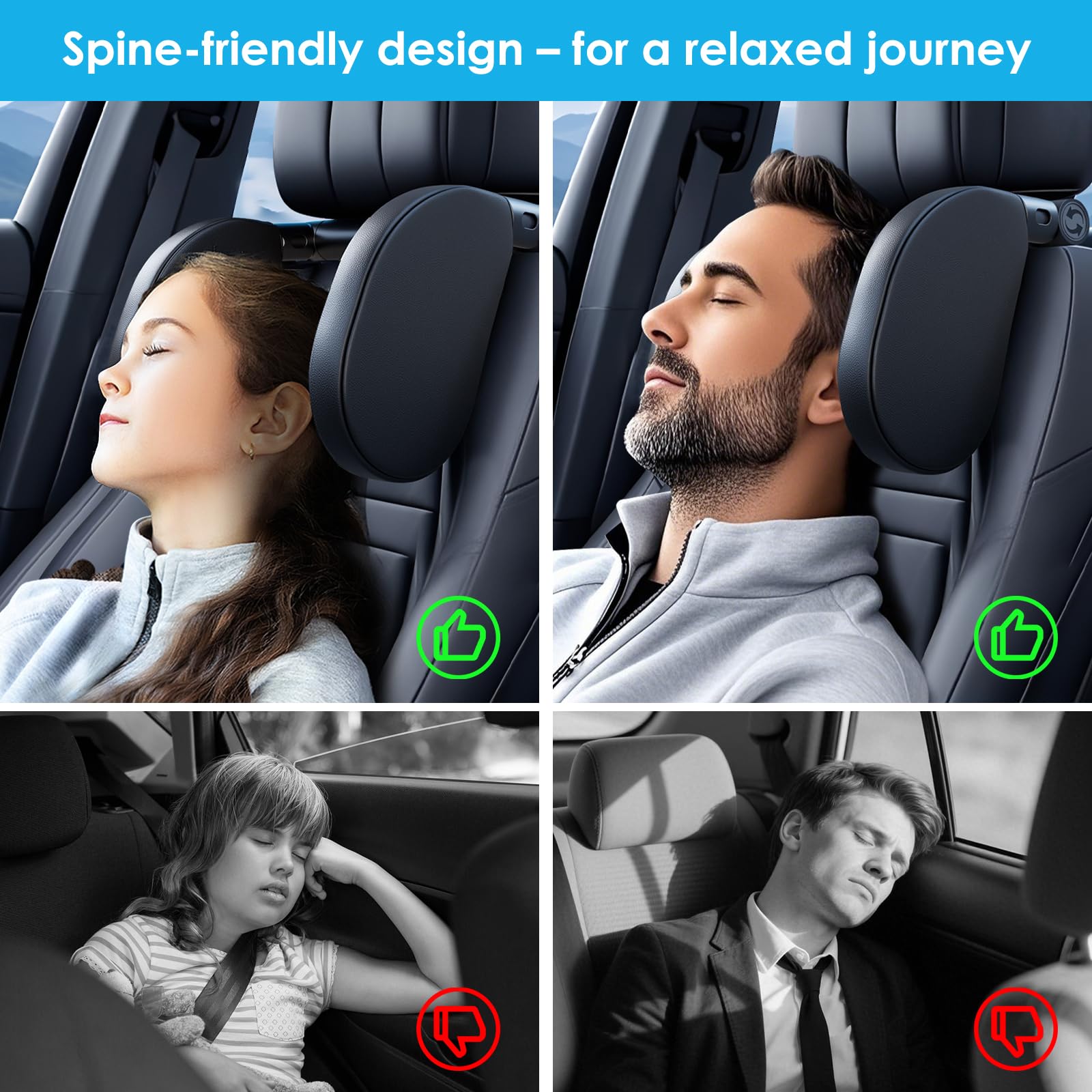 Poggiatesta Auto Bambini & Adulti | Cuscino da Viaggio Bambini per Dormire | Supporto Cervicale Auto in Memory Foam | Regolabile per Sedile Posteriore (Nuovo 2025) (Nero X 2)