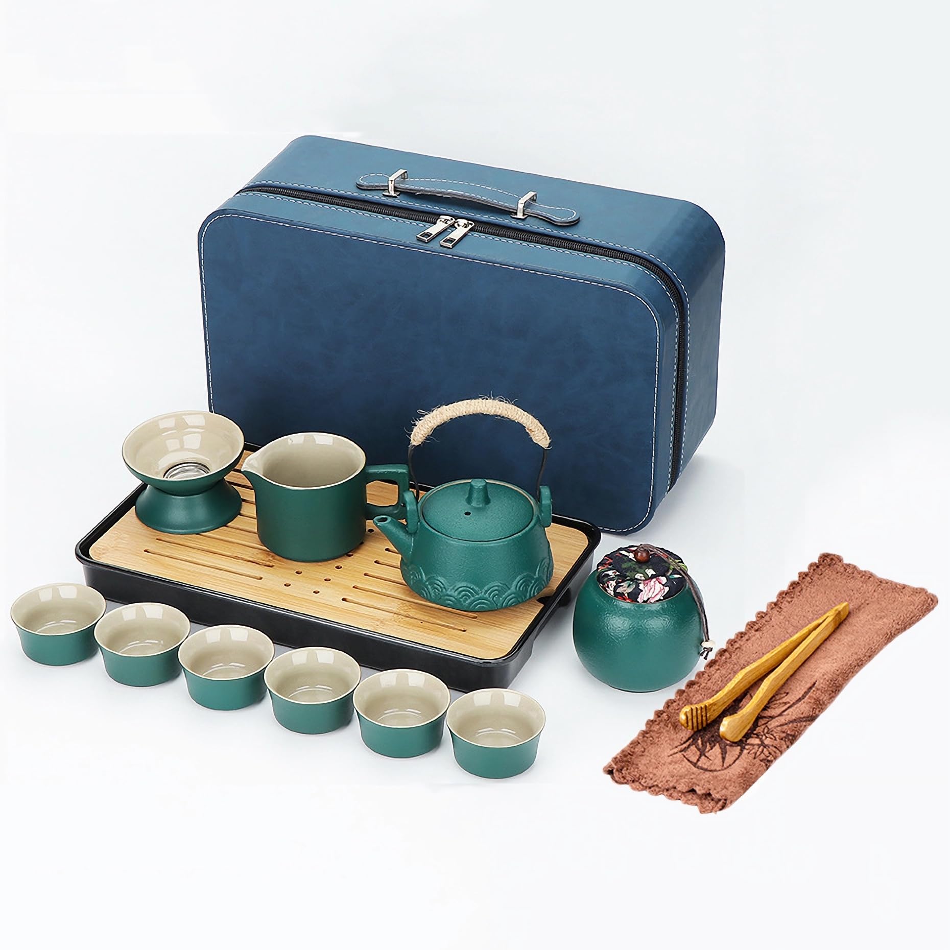 Tetera con colador, juego de té de porcelana, tetera de viaje chino y 6 tazas, mango de cuerda de cáñamo, juego de té para té suelto, regalo para los amantes del té, verde