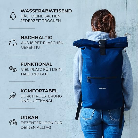 URBAN ZWEIRAD - Rollrucksack - Rolltop Rucksack für Damen & Herren aus PET-Flaschen - Rolltop für Freizeit, Uni & Schule etc