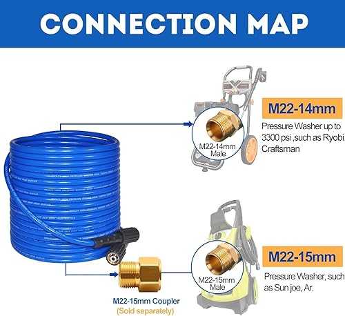Miniatura 6 de Manguera de lavado a presión resistente a las torceduras de 50 pies, manguera de lavadora eléctrica de 3300 PSI, accesorios de latón M22-0.551 in,
