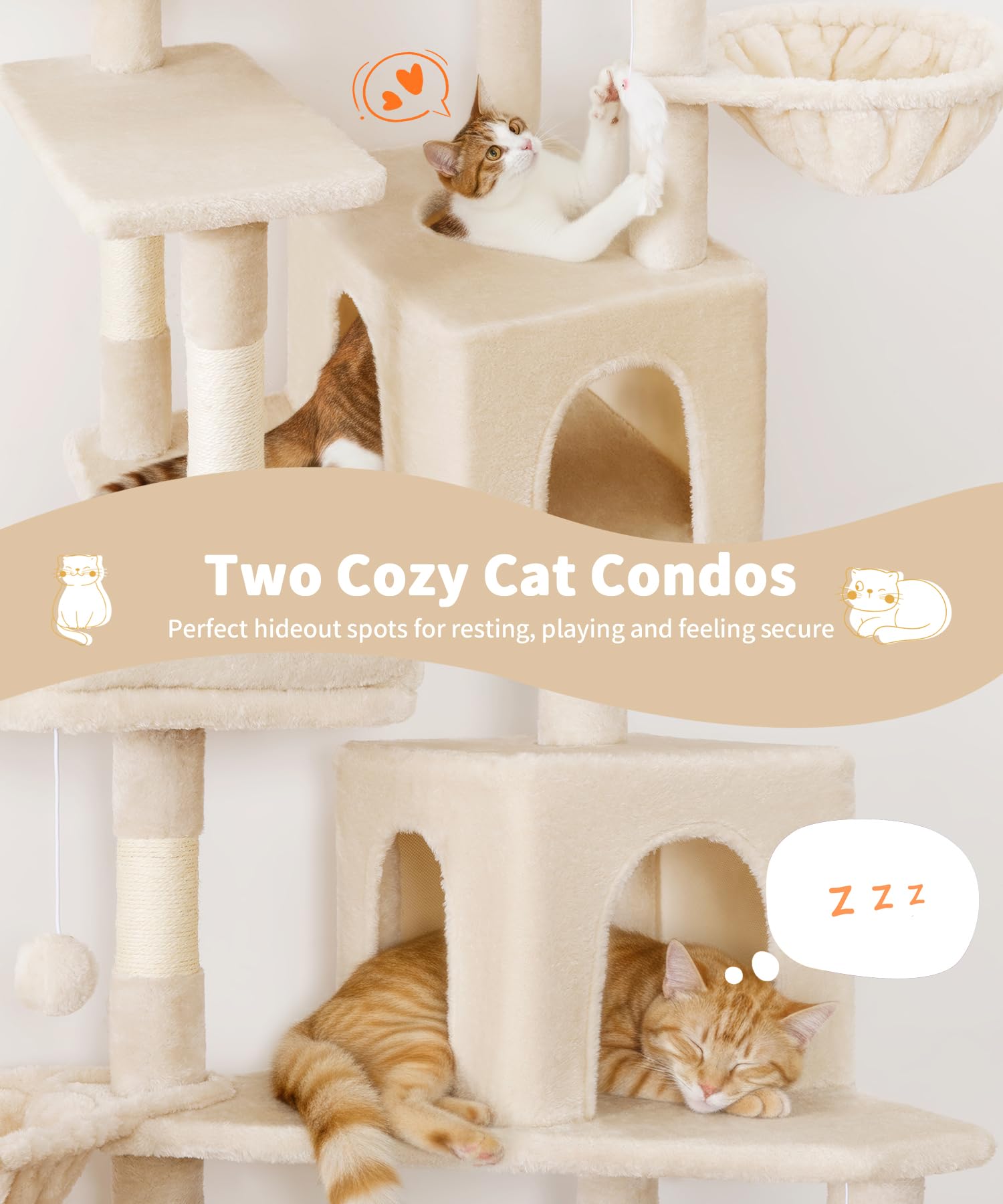 AMHANCIBLE Tall Cat Tree, 70 Inch Cat Tower for Indoor Cats, Multi-Level Cat Tree with Scratching Post, Hammock, Hanging Basket, Large Cat Condos for Adult Cats Kittens, Beige, PT18BG - image 4