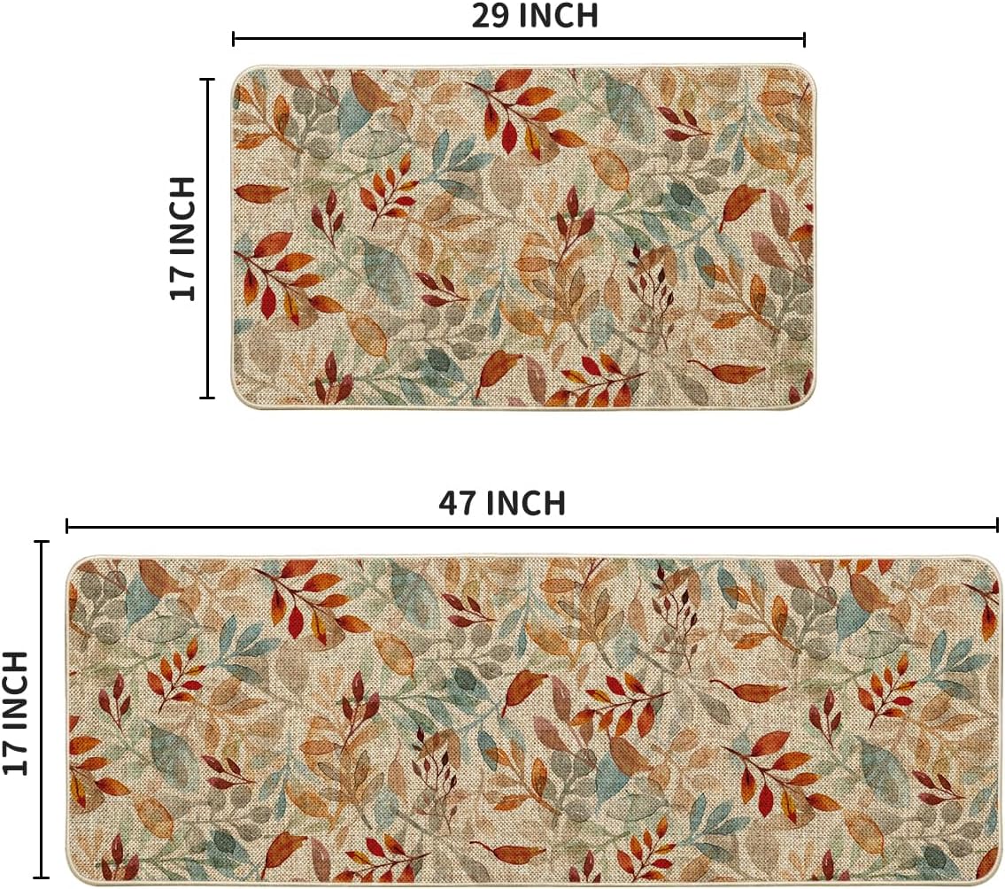 Artoid Mode Watercolor Leaves Eucalyptus Fall Kitchen Mats Set of 2, Home Decor Low-Profile Kitchen Rugs for Floor - 17x29 and 17x47 Inch