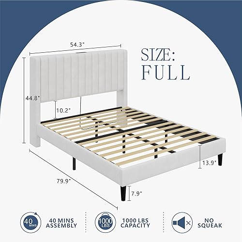 Miniatura 33 de VanAcc Base de cama tamaño Queen, plataforma tapizada de terciopelo con cabecera capitoné de canal, base de colchón con listones de madera, no