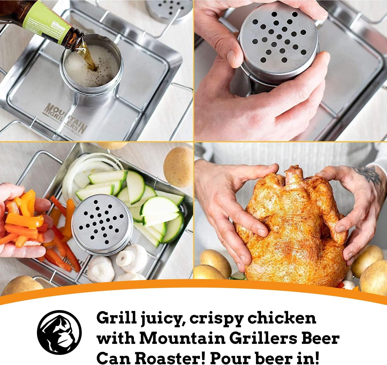MOUNTAIN GRILLERS Beer Can Chicken Roaster Stand - Stainless Steel Holder - Barbecue Rack for The Grill, Oven or Smoker - Dishwasher Safe - Includes 4 Vegetable Spikes