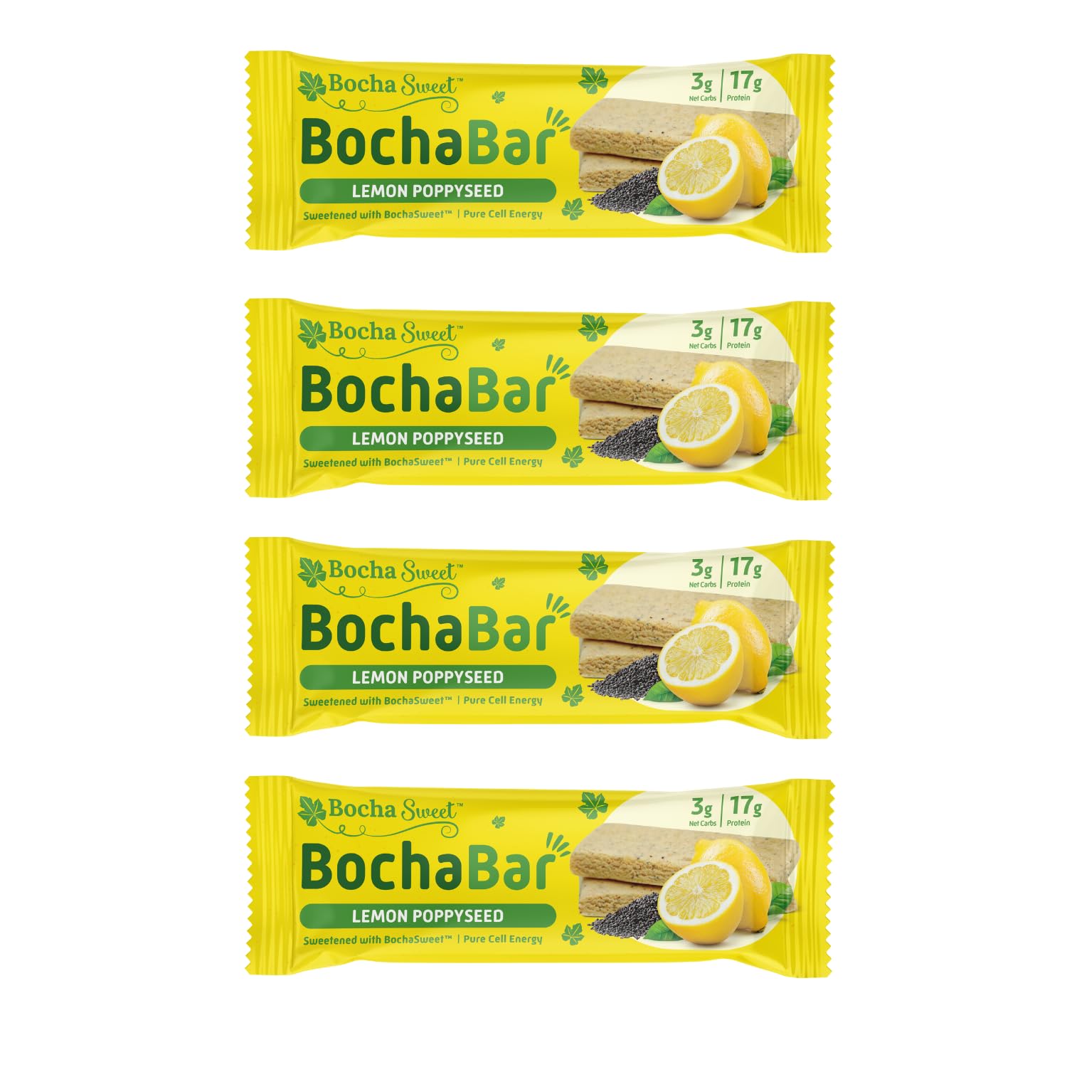 BochaSweet Keto Protein Bar, Lemon Poppyseed BochaBar, 17g Grass Fed Collagen, Low Carb, Keto-Friendly, Gluten Free, 4 Count