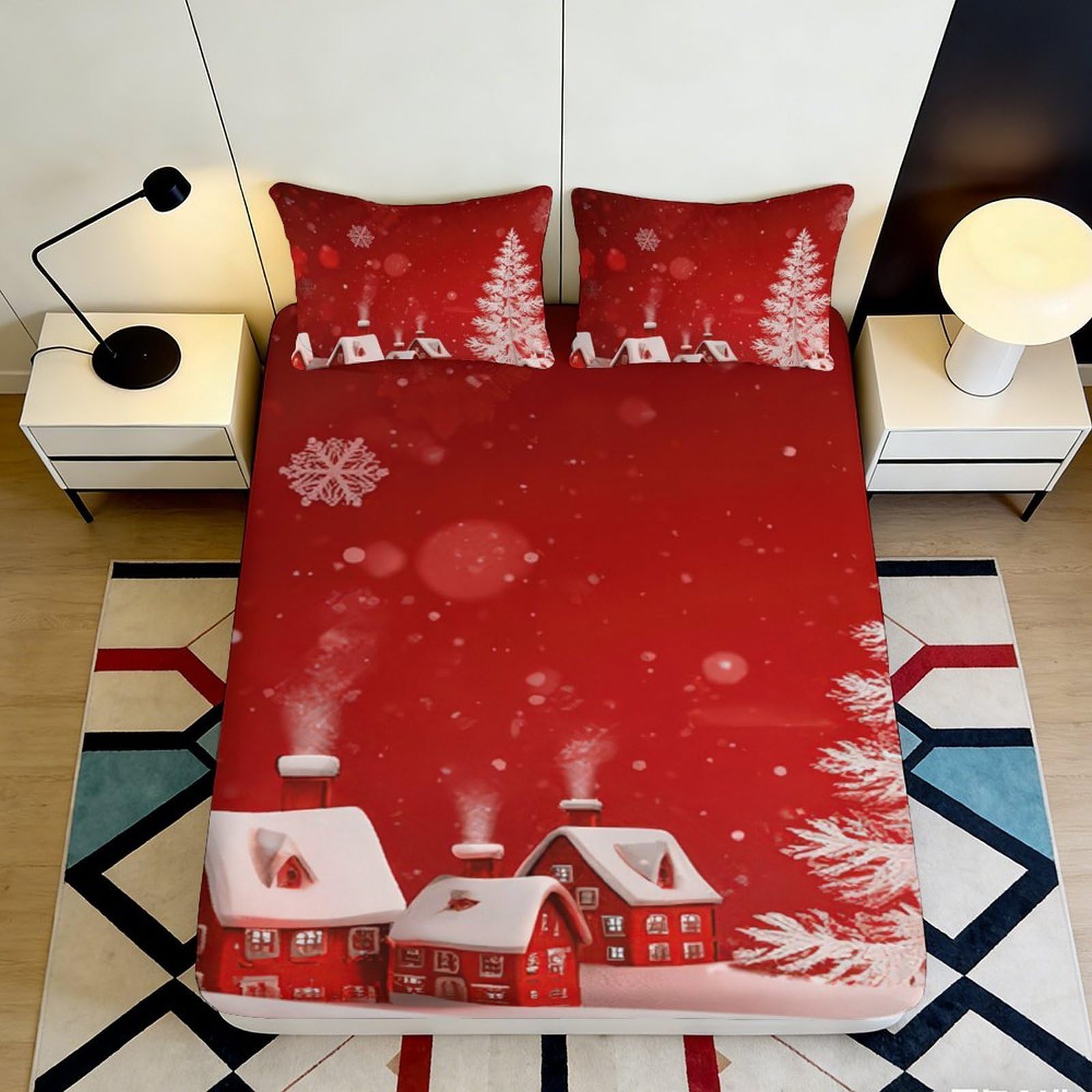 3D Printed Christmas Village Fitted Sheet Microfiber Red Winter Snow Mattress Cover for Bedroom Guest Room Decor 90x200x25cm