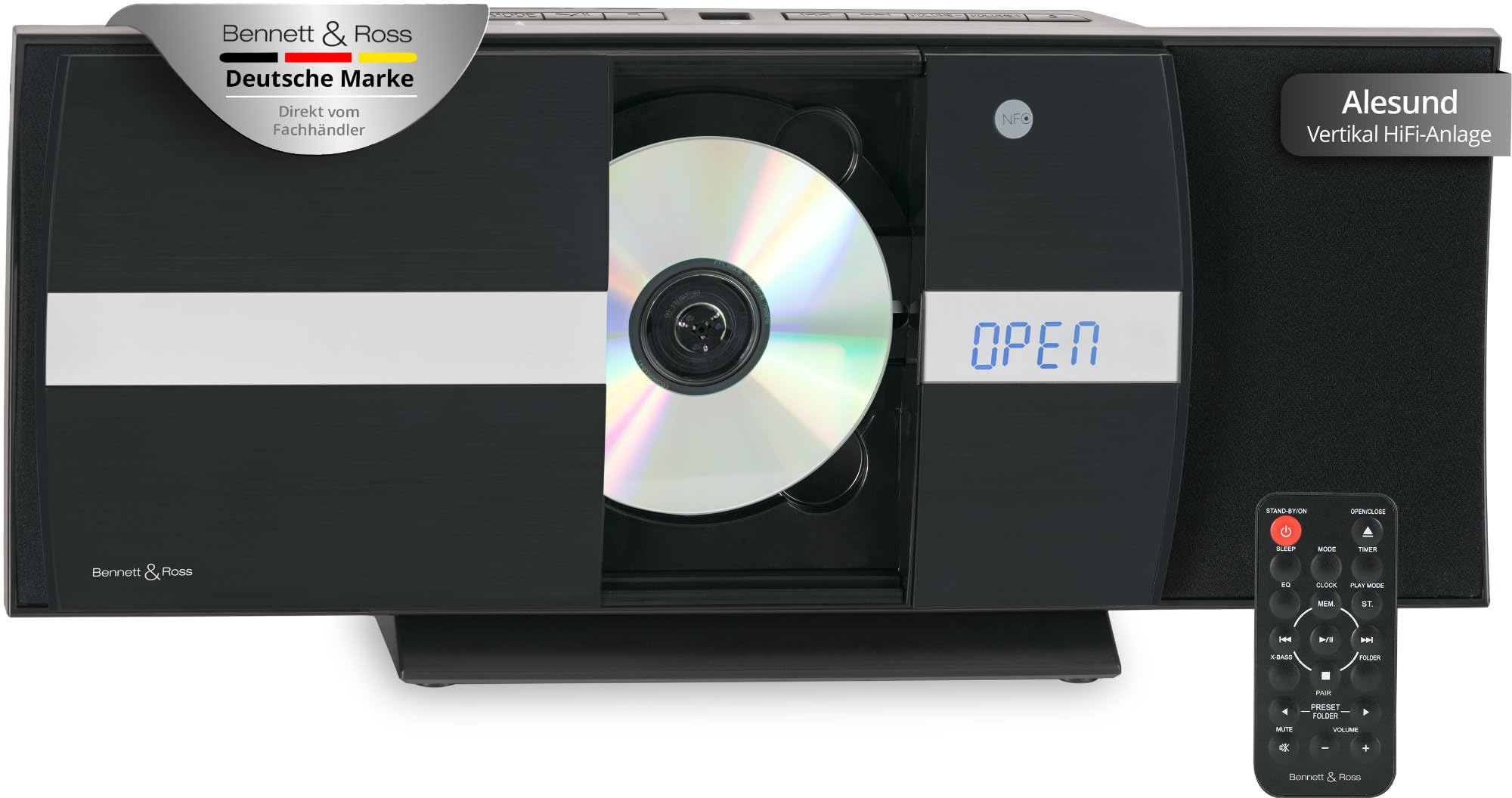 Bennett & Ross Ålesund Impianto stereo verticale - Microchaîne hi-fi avec lecteur CD, MP3, fonction UKW, USB et Bluetooth avec NFC - Installation sur pied ou murale - Telecomando incluso - Nero