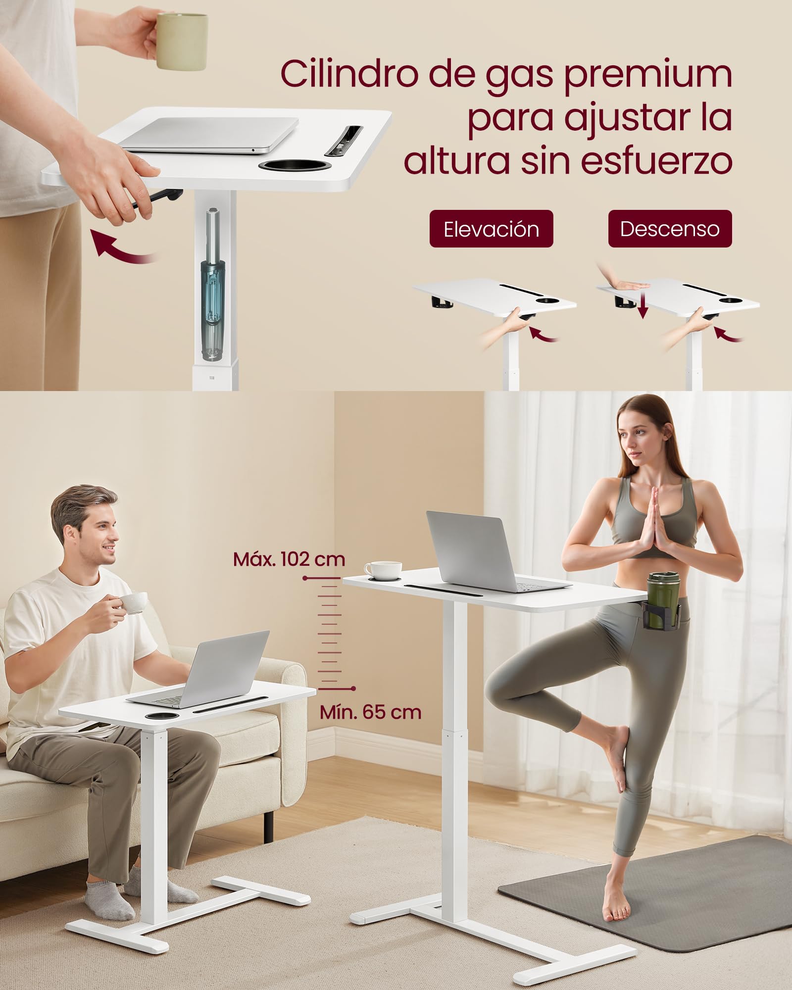 VASAGLE Escritorio con Ruedas, Mesa Auxiliar, Tablero de 80 x 45 cm, Altura Ajustable, 2 Portavasos, Ranura para Teléfono Móvil o Tableta, Blanco Nube LSD601W01