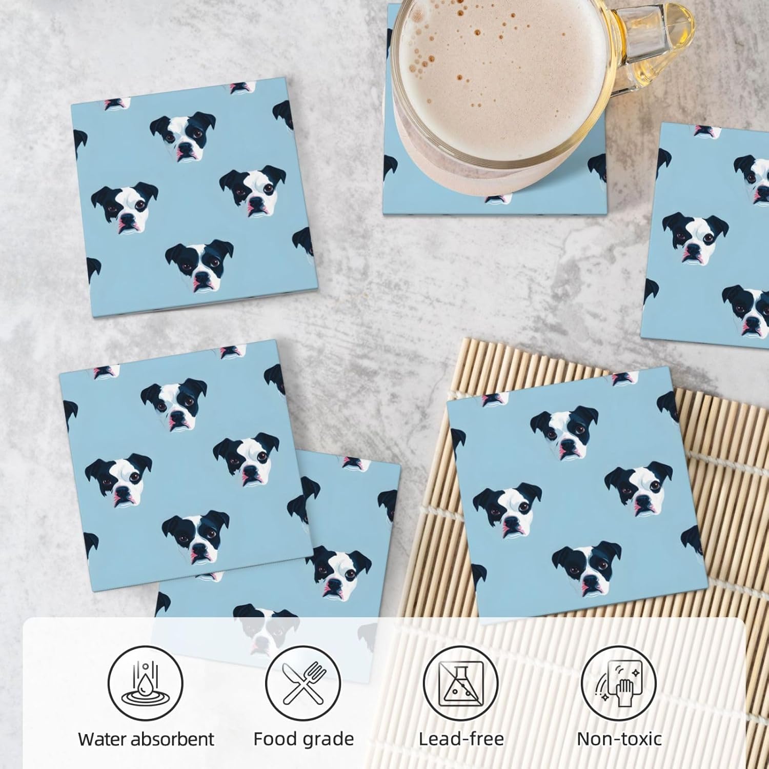 (Dog face Pattern) Ceramic Coasters Set of 6 with Holder Non-Slip Square Coffee Coasters for for Cup Mug Drink Patio Coffee Table Decor, Christmas Coasters Home Bar Supplies