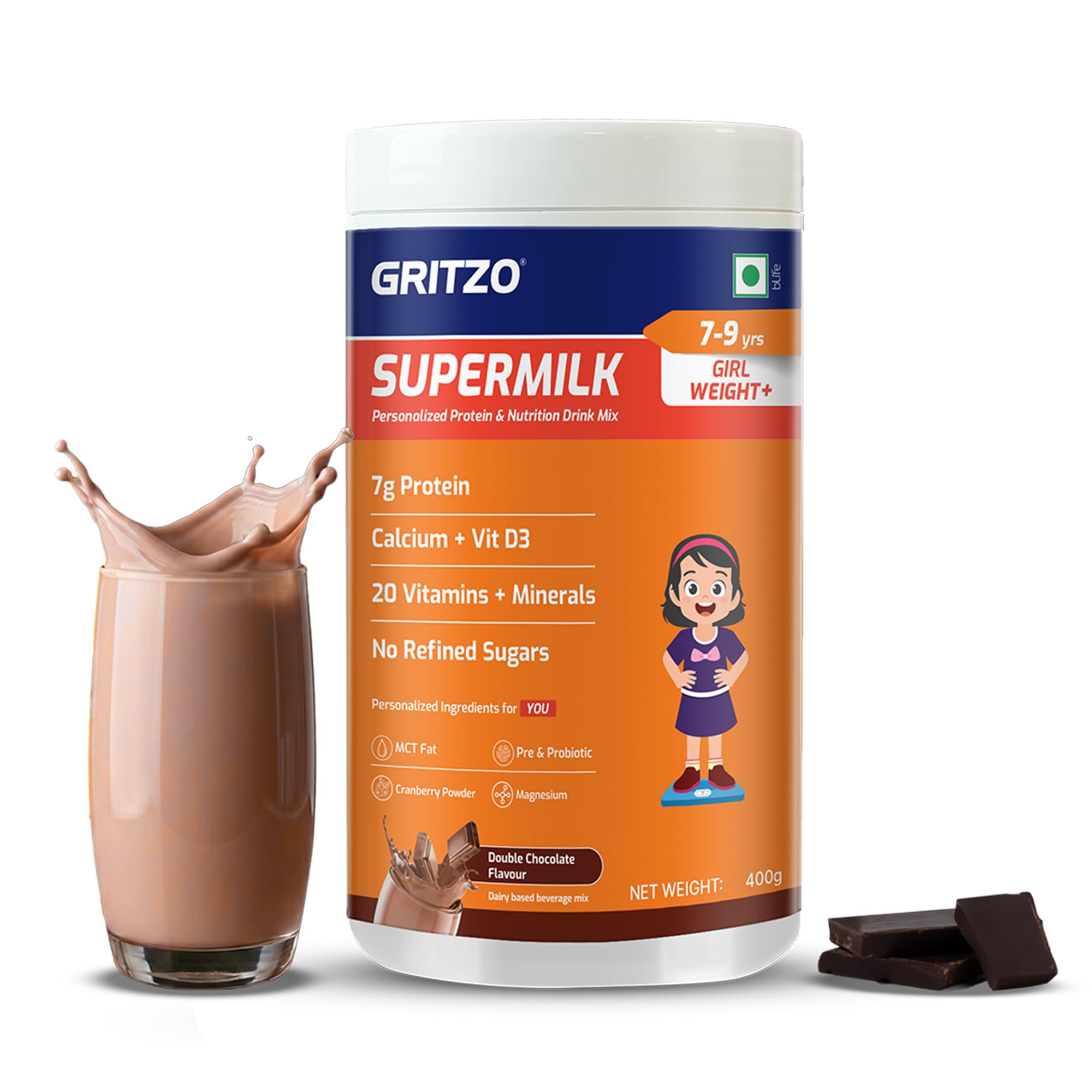 [BRSRYEAROJ5GYH3D] Gritzo SuperMilk Weight+ (7-9y Girls), Double Chocolate, 400g