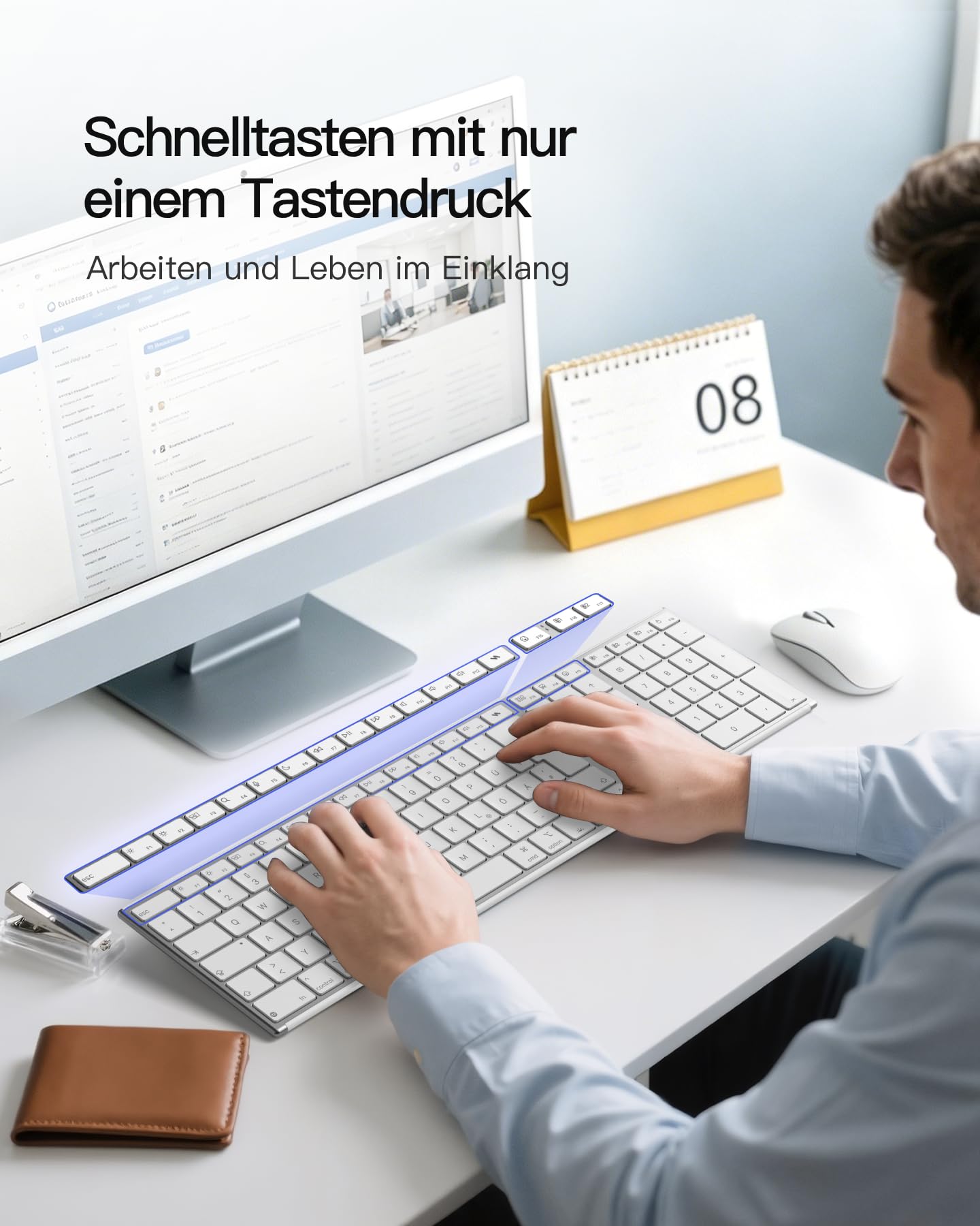 Inateck Bluetooth Mac Tastatur,Kabellose Tastatur mit 3 BT Kanälen,QWERTZ Layout,Leise Tasten, KI-Funktion, Kompatibel mit MacBook Pro/Air, iMac, iMac Pro, Mac mini,iPad
