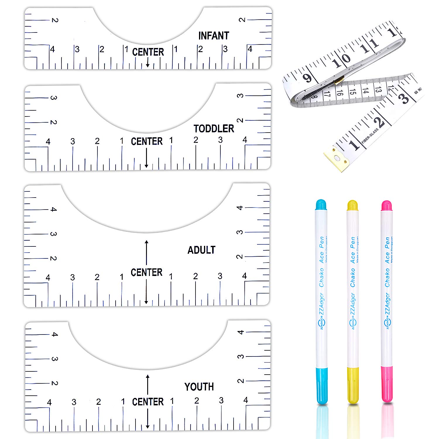 ADHO T-Shirt Ruler Guide, 8 Piece T-Shirt Alignment Tool Set for Vinyl, Sublimation T Shirt Placement Ruler to Center Designs with Measuring Ruler, Adult Youth Toddler Infant