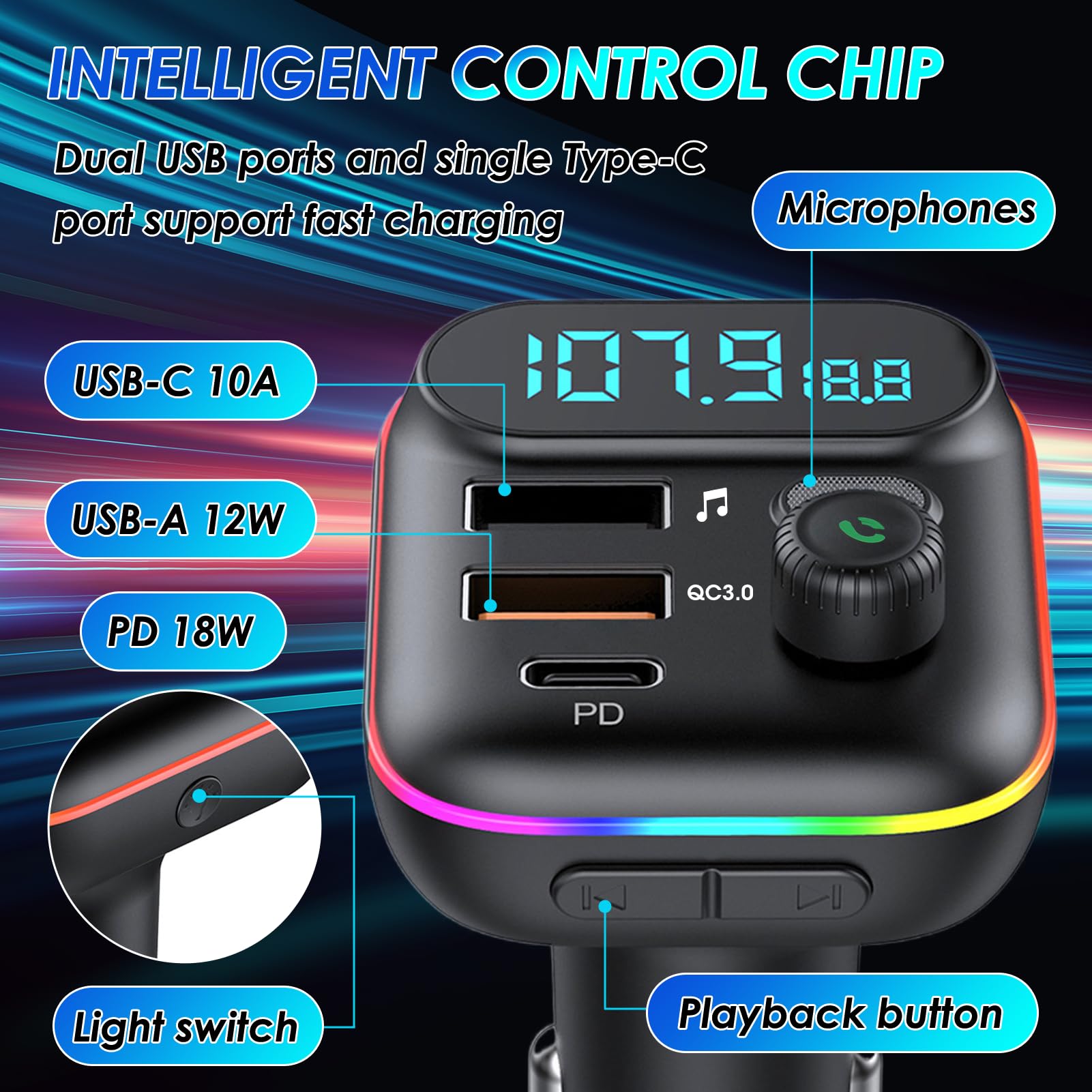 Trasmettitore FM Bluetooth Auto 5.0, Adattatore Bluetooth Audio QC3.0 Ricarica Rapida 2USB y 1PD 18W per Chiamate Vivavoce e Musica, Accendisigari con LED Display, Supporta USB e TF