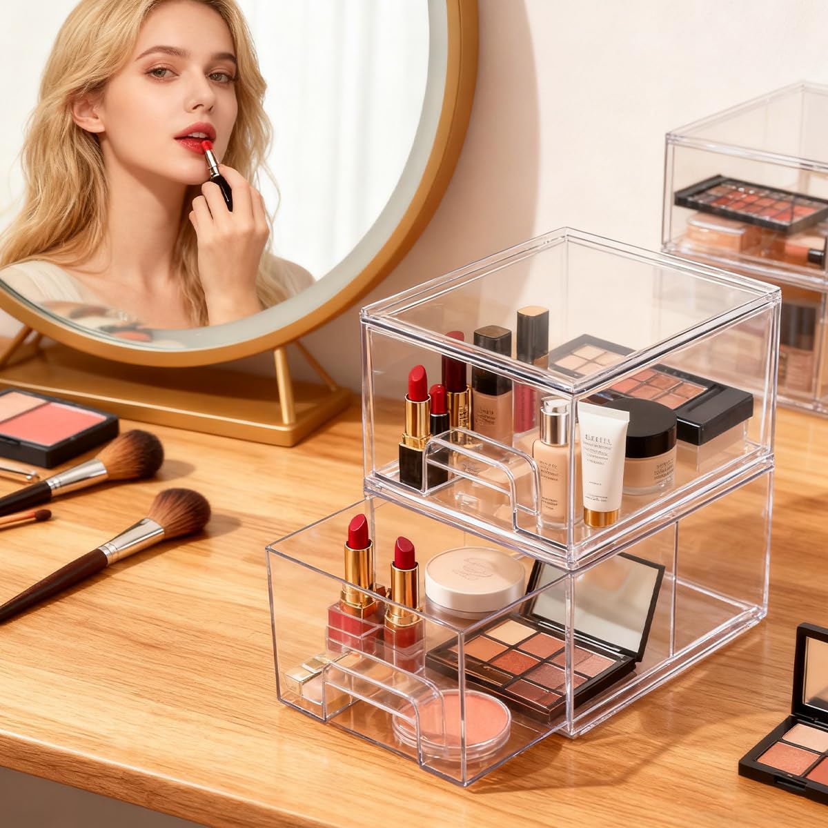 2 Cajones Almacenaje Plastico Apilables Transparentes Organizador Maquillaje Cajonera Tocador Baño Armario