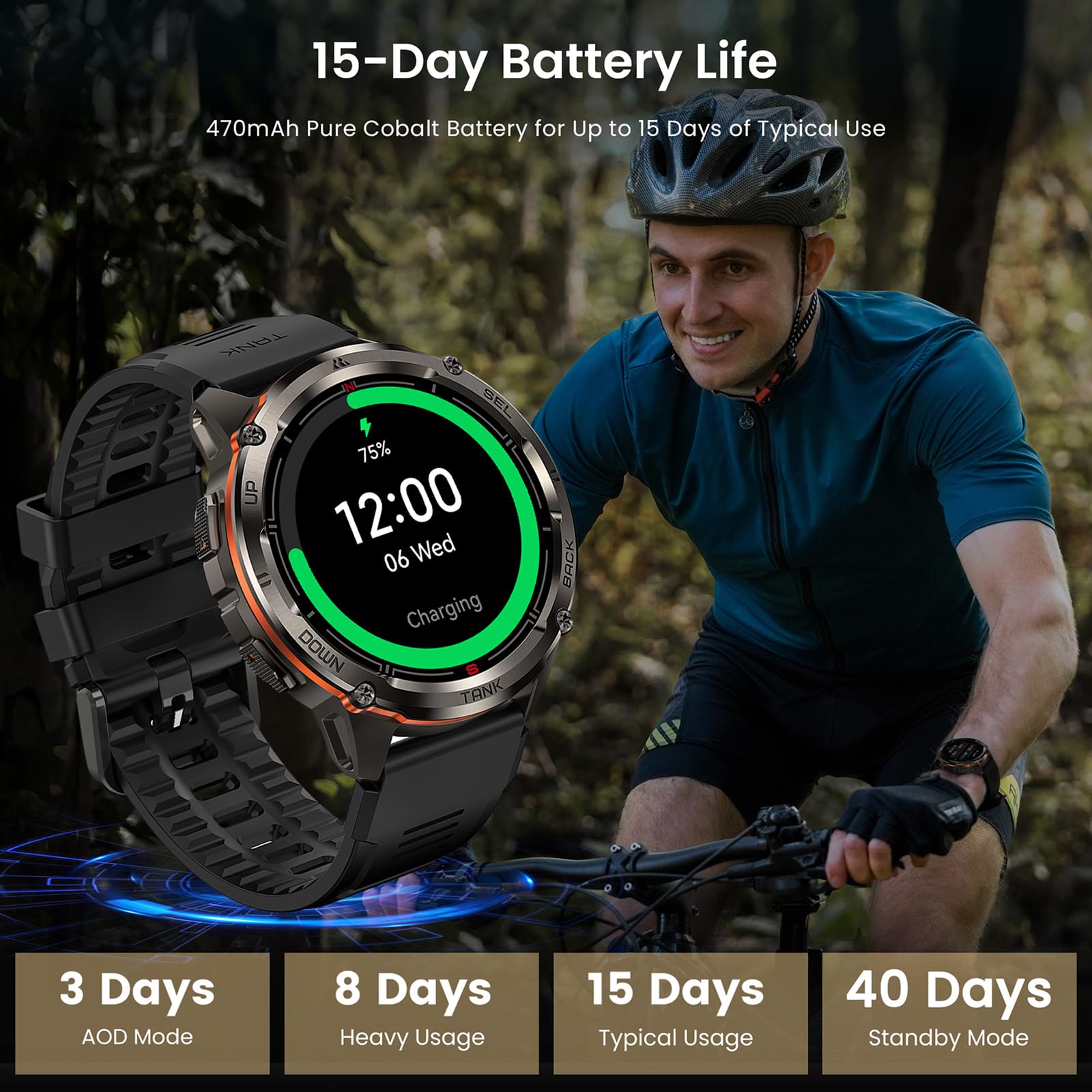 KOSPET Tank T3 Ultra 2 Smartwatch męski z GPS, akumulator 60+ dni, 1,43" AMOLED, wodoszczelny 5 ATM, połączenia Bluetooth, asystent głosowy AI, tętno 24/7, krokomierz (czarny)