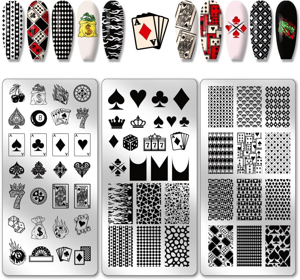 PH PandaHall 3pcs Poker Elements Nail Stamping Plates, Diamonds Clubs Nail Art Templates Textured Nail Art Stencil Stainless Steel Nail Image Plates for Women Nail Design Print Manicure Salon
