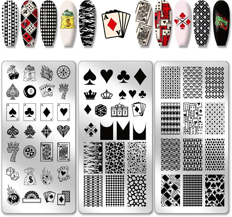 PH PandaHall 3 placas de estampado de uñas con elementos de póquer, clubes de diamantes, plantillas para decoración de uñas con textura, plantillas de acero inoxidable para imágenes de uñas para mujeres, diseño de uñas, impresión, salón de manicura