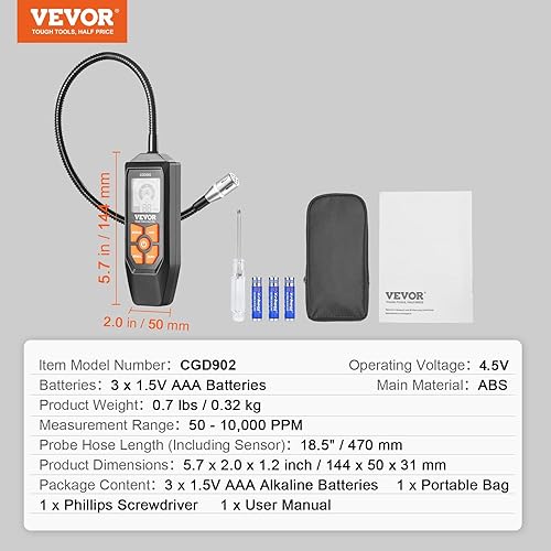 Miniatura 7 de VEVOR Detector de gas natural, detector de fugas de gas de 50 a 10,000 PPM con cuello de cisne de 18.5 pulgadas, detector de gas combustible,