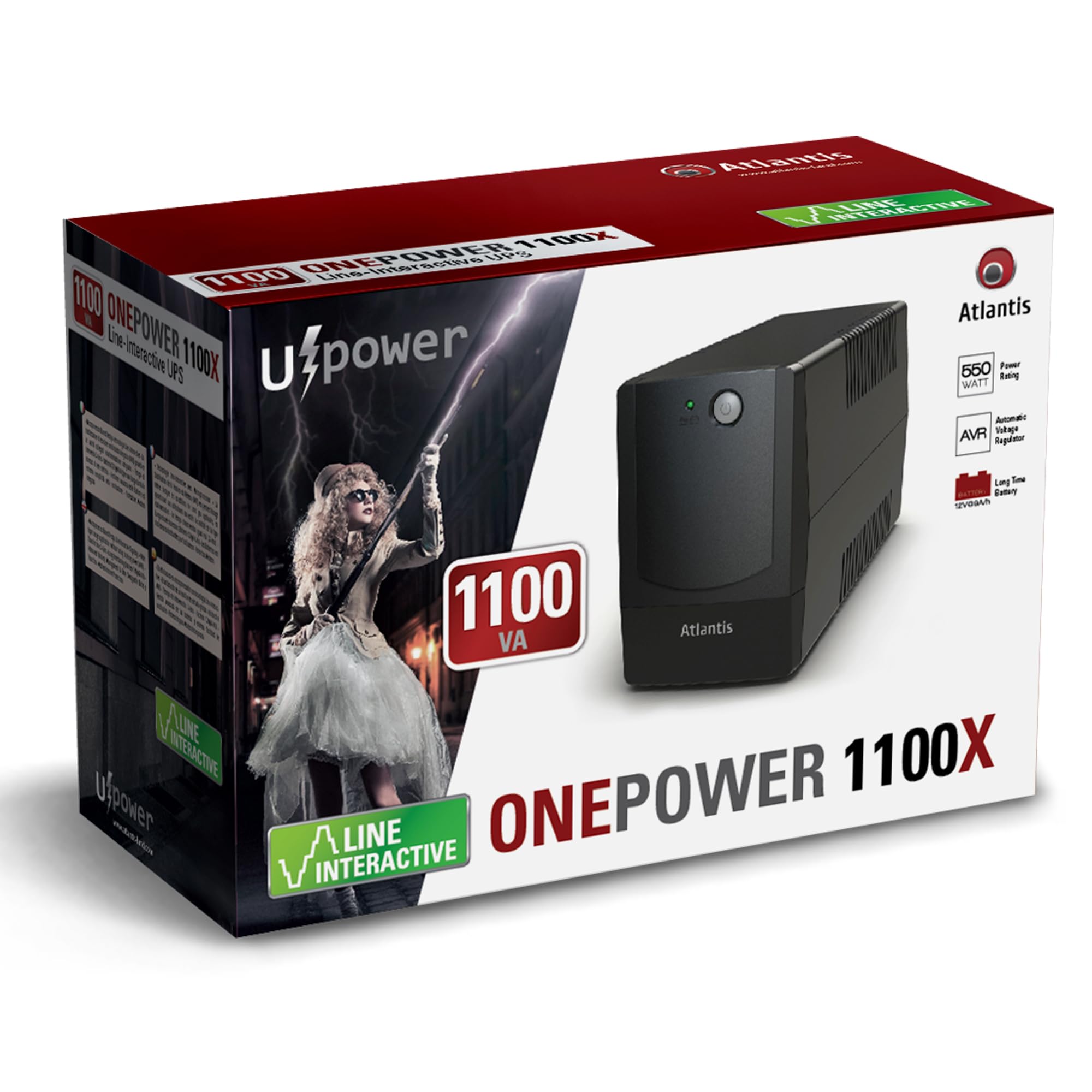 Atlantis onduleur UPS Line Interactive 1100VA/550W batt. 12V 9Ah | Stabilisateur de tension AVR à 3 étages, Onde pseudo-sinusoïdale, 4 prises IEC, réf. A03-PX1100