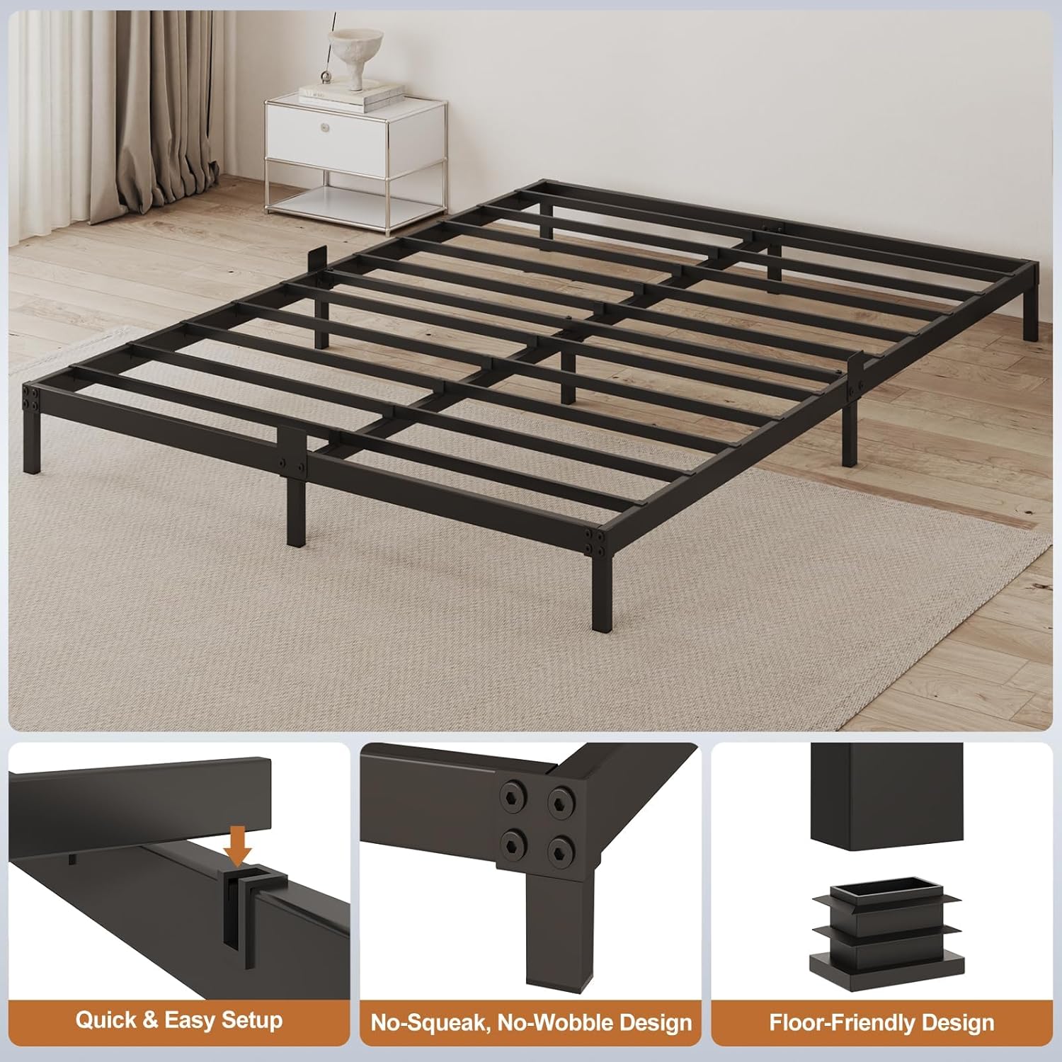 Queen Size Bed Frame, Heavy Duty Steel Slat Support, 6 Inch Low Profile Metal Platform Bed Frame with Mattress Stopper, Noise Free, No Box Spring Needed, Easy Assembly