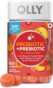 OLLY Probiotic + Prebiotic Gummy, Digestive Support and Gut Health, 500 Million CFUs, Fiber, Adult Chewable Supplement for Men and Women, Peach, 60 Day Supply - 60 Count
