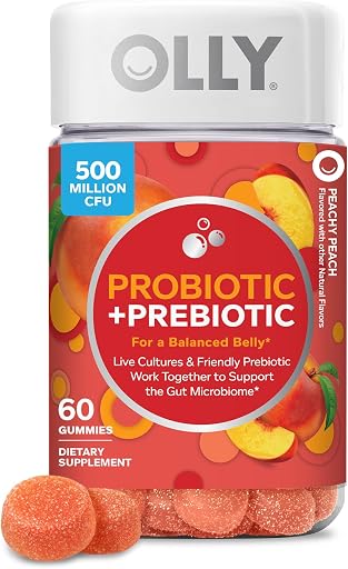 OLLY Probiotic + Prebiotic Gummy, Digestive Support and Gut Health, 500 Million CFUs, Fiber, Adult Chewable Supplement for Men and Women, Peach, 60 Day Supply - 60 Count