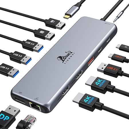 Docking Station Dual HDMI Hub Triple Display Multiport Adapter, 13 in 1 Dockingstation mit 2 HDMI, DP, USB3.1, USB3.0,USB2.0,USB C 10Gbps,Ethernet LAN,PD, Docking für Dell,HP,Lenovo, usw