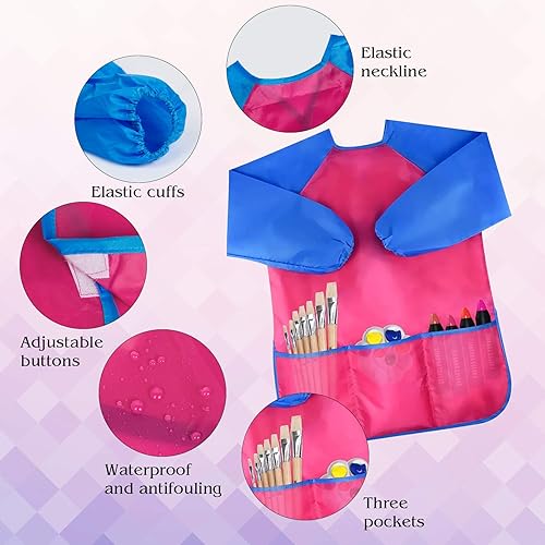 Vista 22 de Bassion Delantales de manga larga con 3 bolsillos para niños de 2 a 6 años Azul Oscuro Amarillo