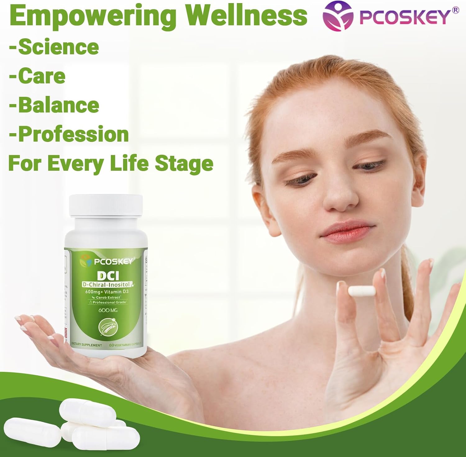 pcoskey® D-Chiral-Inositol with Vitamin D3 – 600mg DCI + 400 IU Vitamin D3 – Hormonal Balance & Ovary Support – 60 Vegetarian Capsules