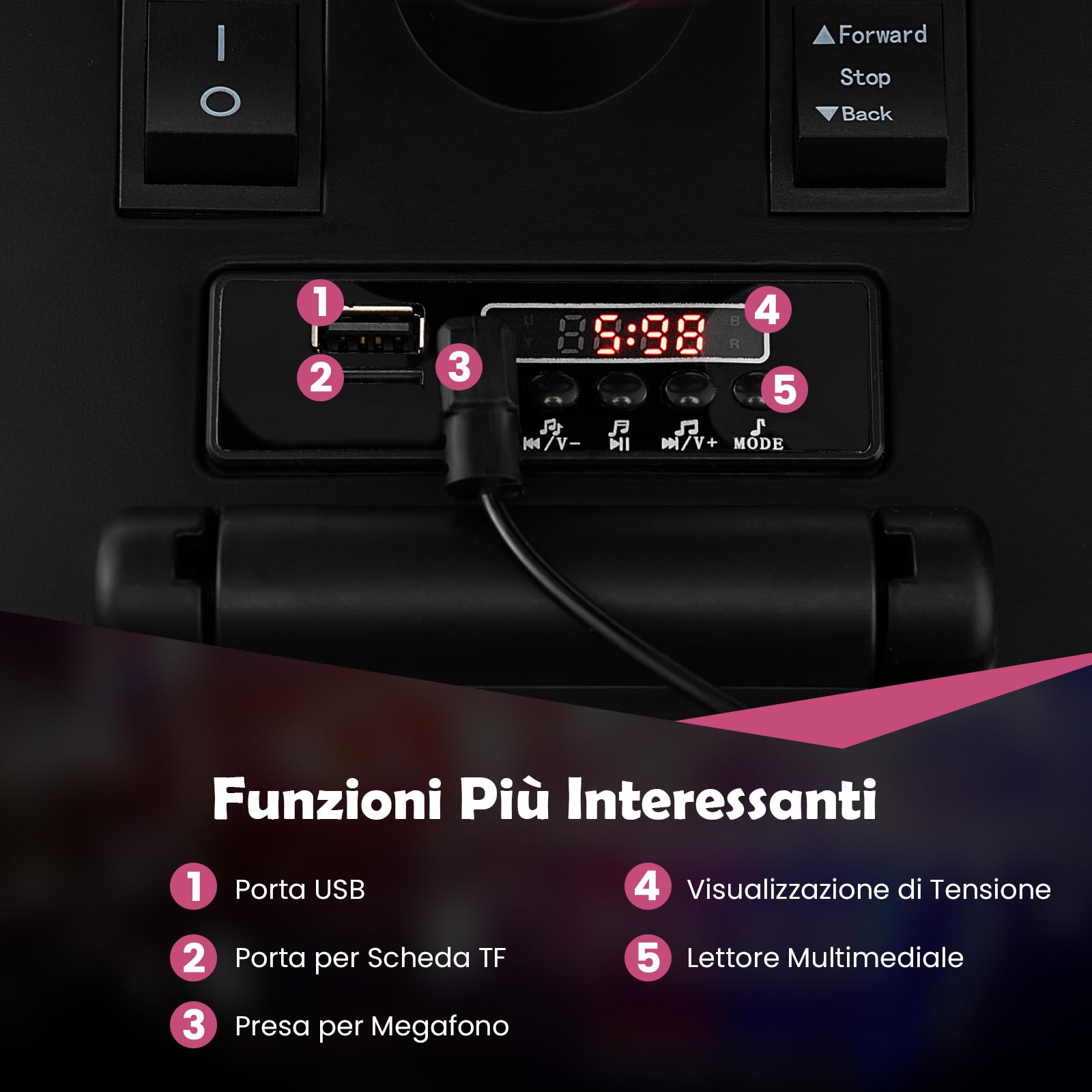 GYMAX Macchina della Polizia Alimentata a Batteria 6V con Megafono Sirene e Luci, Cavalcabile con Musica per Bambini e Bambine 18-60 Mesi (Rosa)