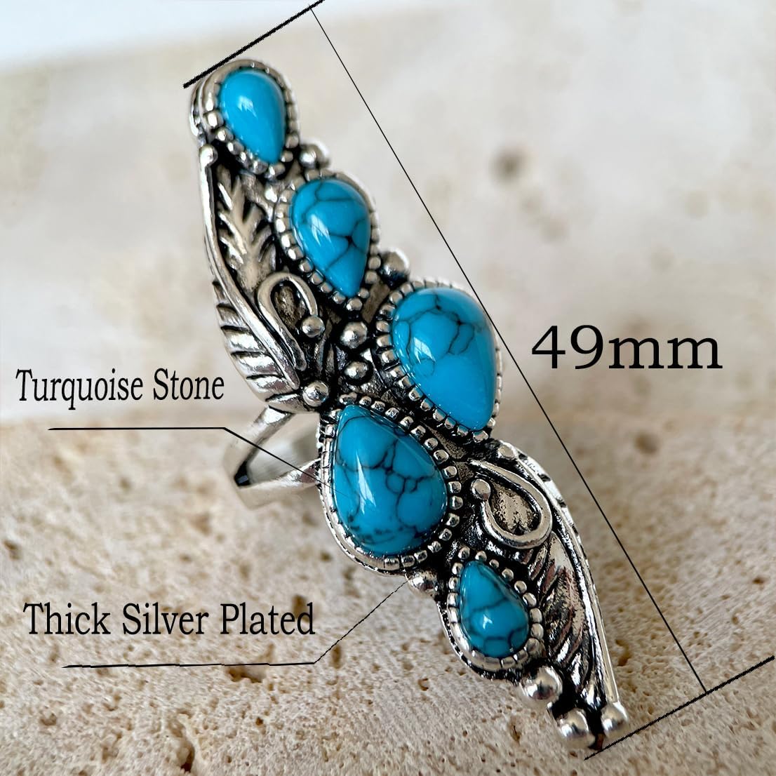 HAIXIAN Antique Full Finger Turquoise Stones Ring,Retro Thick Silver Plated Multi Waterdrop Gemstone Crystal Wide Cocktail Party Ring Jewelry