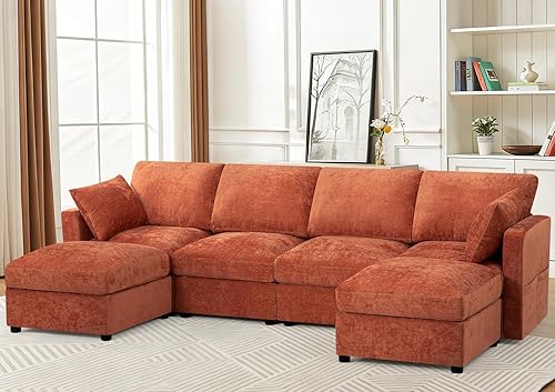 110” Chenille 4 Seater Sofa W/Movable Ottomans, Modern Fabric U-Shaped