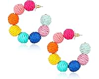 Raffia Hoop Earrings for Women Boho Colorful Rainbow Beaded Earrings Bohemian Statement Rattan Earrings for Summer Beach Raffia Circle Dangle Drop Earrings for Girls