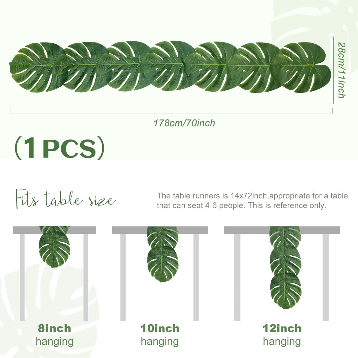 Sztuczny bieżnik na stół Monstera 28 x 178 cm, zielony bieżnik ze sztucznym liściem palmy, dekoracja hawajska, na imprezę na plaży, imprezę tematyczną, urodziny