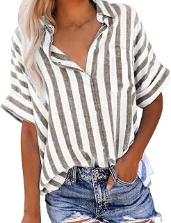Half Sleeve Shirts for Women Casual Cotton Linen Shirt Classic Loose Striped Tops Comfortable Button Down Shirts