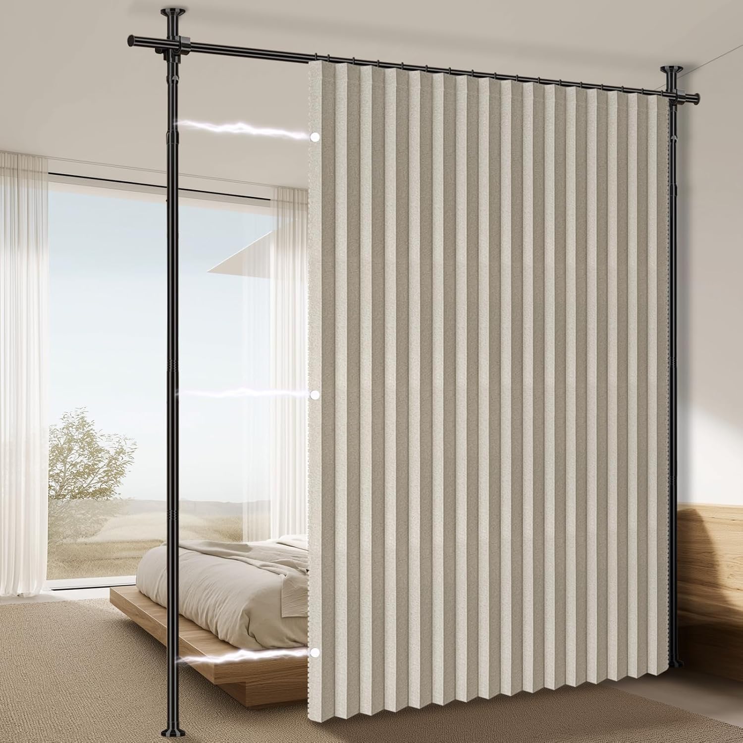 AJAZZ 100% Blackout Room Divider Curtains Sets Cream White W100 x L96 in,1 Panel Curtain Rods No Drilling Adjustable Tension (H) 43-120×(W) 35-100 in for Temporary Wall Separator Closet Cover