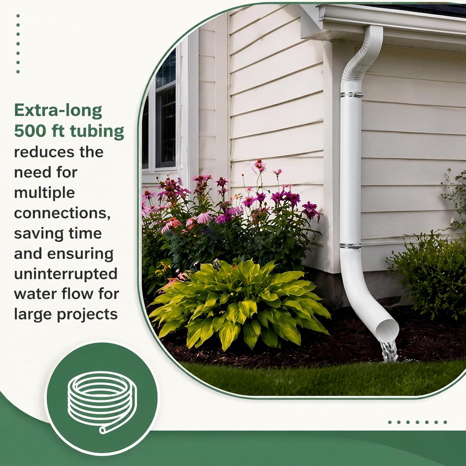 500 ft x 6 in Temporary Gutter Downspouts Drain Roll. Heavy Duty White Plastic Drainage Extensions Rainwater Tube for Home Gutters, Yard Drainage, Foundation with 2 Stainless Steel Clamps