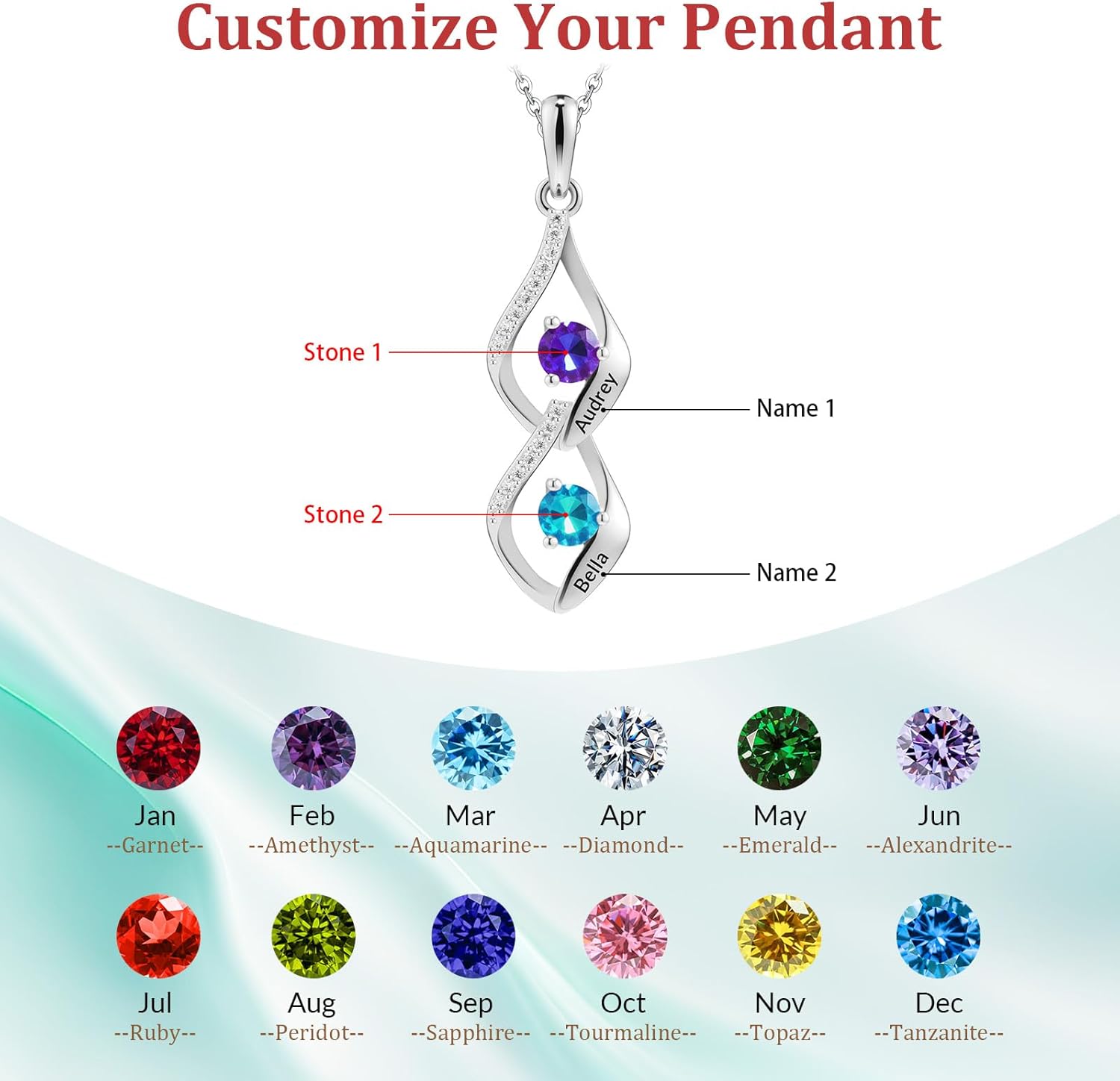 Custom Sterling Silver Necklace with 1-6 Birthstones – Personalized Birthstones Necklace with Engraved Names,Memorial Jewelry Gift for Mom Wife Grandma on Christmas Birthday Anniversary Mother's Day