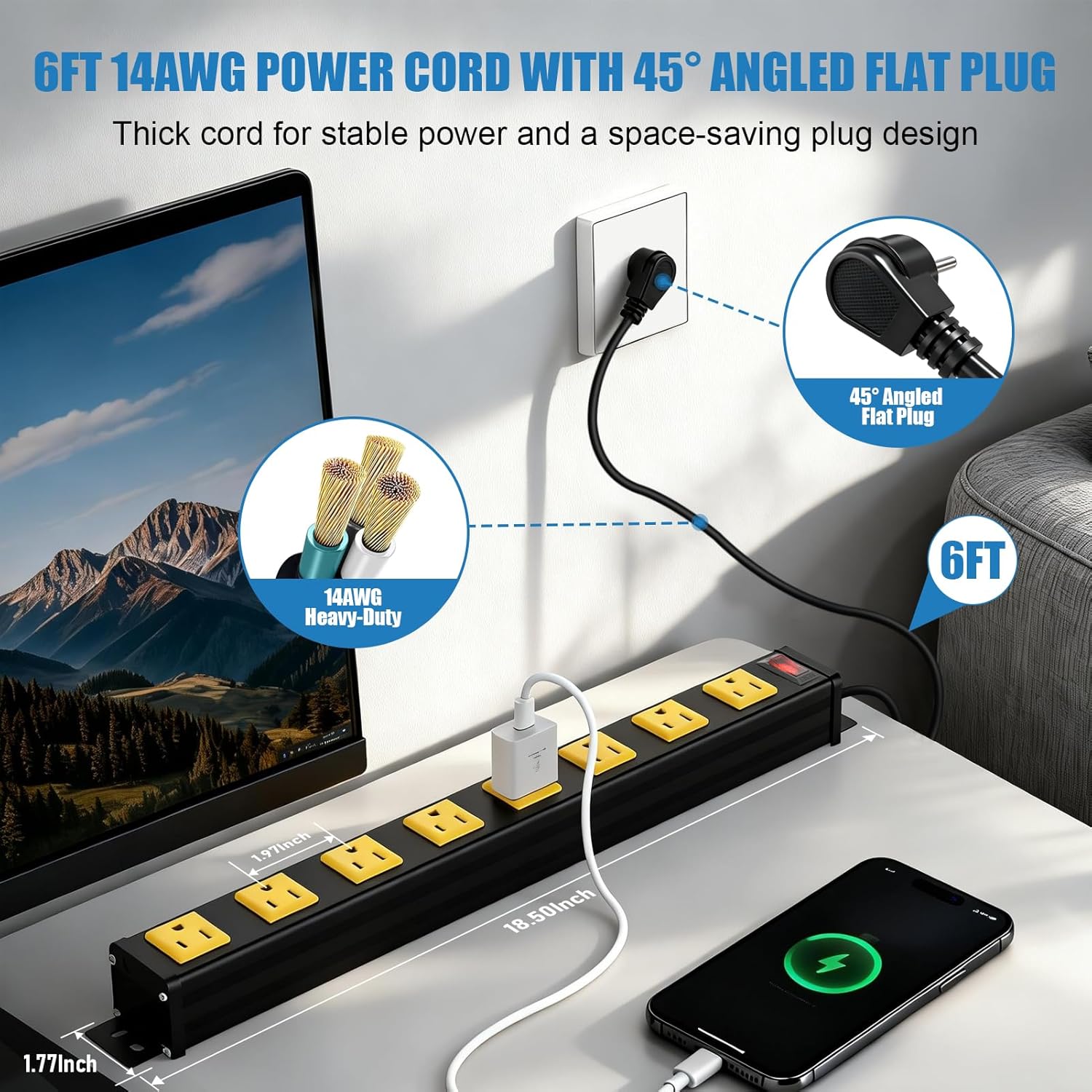 8 Outlet Heavy Duty Metal Power Strip, Wall Mount with 1.97 inch Wide Spacing, 6 FT Flat Plug Extension Cord with Switch, 1875W 15A 125V, ETL Listed for Garage Workshop Home Office