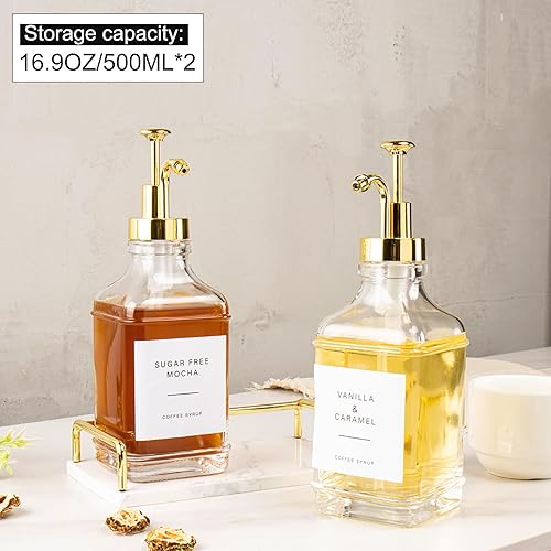 Miniatura 2 de BathAce Dispensador de jarabe de café con bandeja de mármol, botellas de jarabe de vidrio transparente con bomba, 2 dispensadores recargables de