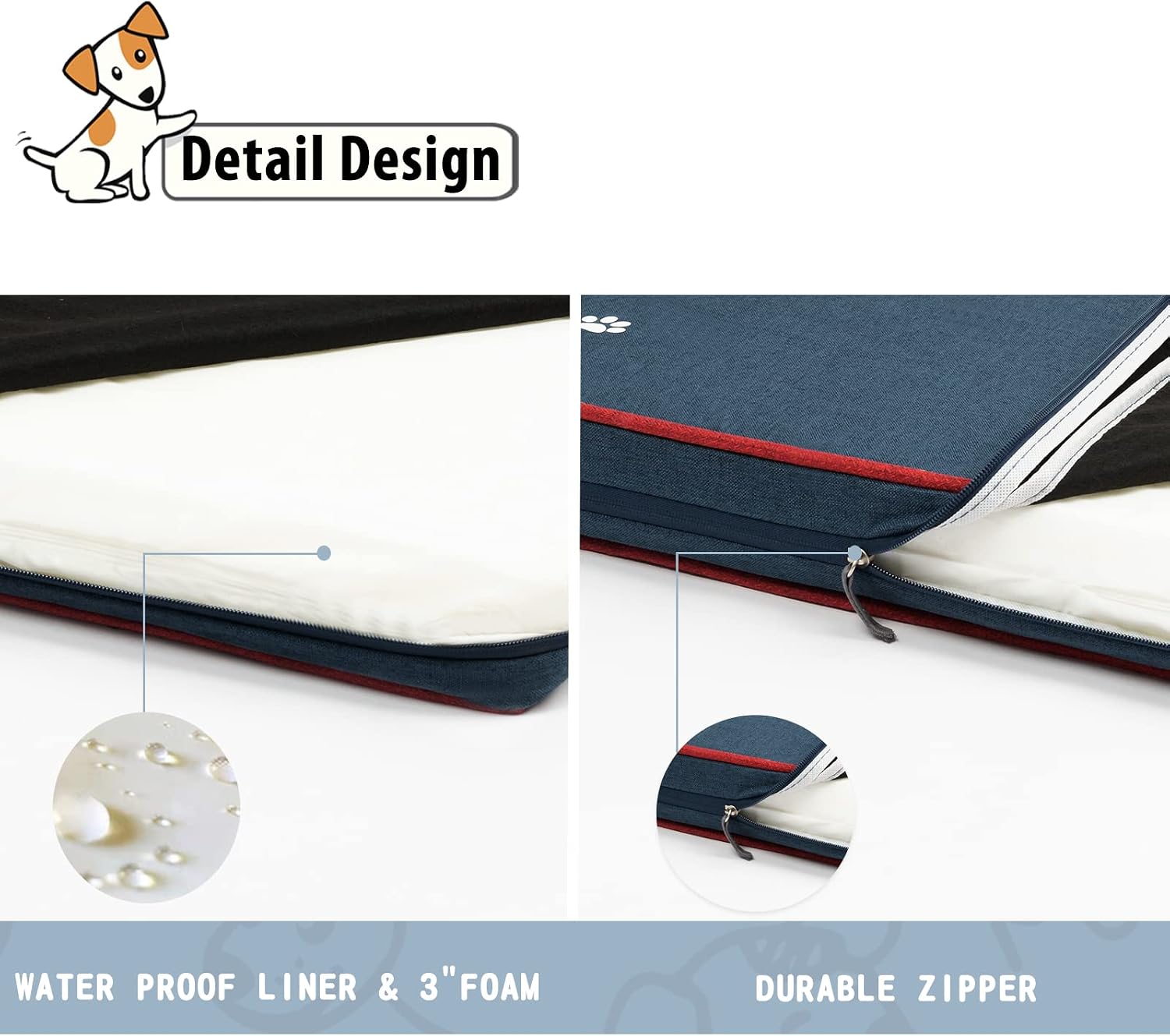 KROSER Waterproof Dog Bed Crate Mat Reversible, Sleeping Pet Crate Pad(Cool&Warm) for Dogs and Cats,Dog Bed Mattress with Removable Washable Cover & Waterproof Inner Lining,Navy/Red (X-Large)
