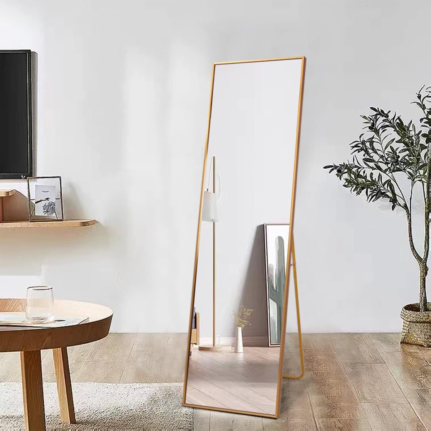 FANYUSHOW Full Length Mirror, Standing Hanging or Leaning Body Mirror, Simple Rectangle Design, Aluminum Alloy Thin Frame, Floor Mirror for Bedrooms, Bathrooms, Living Room (Gold)