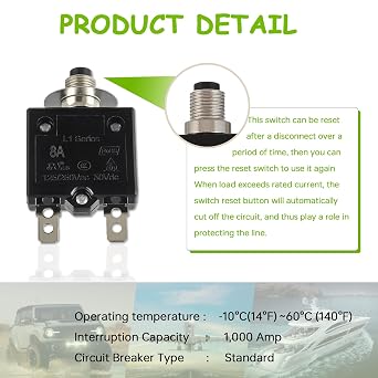 8A Manual Reset Push Button Circuit Breaker 125/250V AC 50V DC Thermal Overload Protector with Quick Connect Terminals and Waterproof Button Caps Assortment Kit(Pack of 1 pcs)