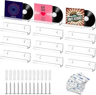 Vinyl Record Wall Mount Record Shelf: 10 x 3.5 x 3 cm Vinyl Wall Mount Record Stand Record Shelf Vinyl Record Decoration for Records Photo Album and Collectibles (Clear) Pack of 12