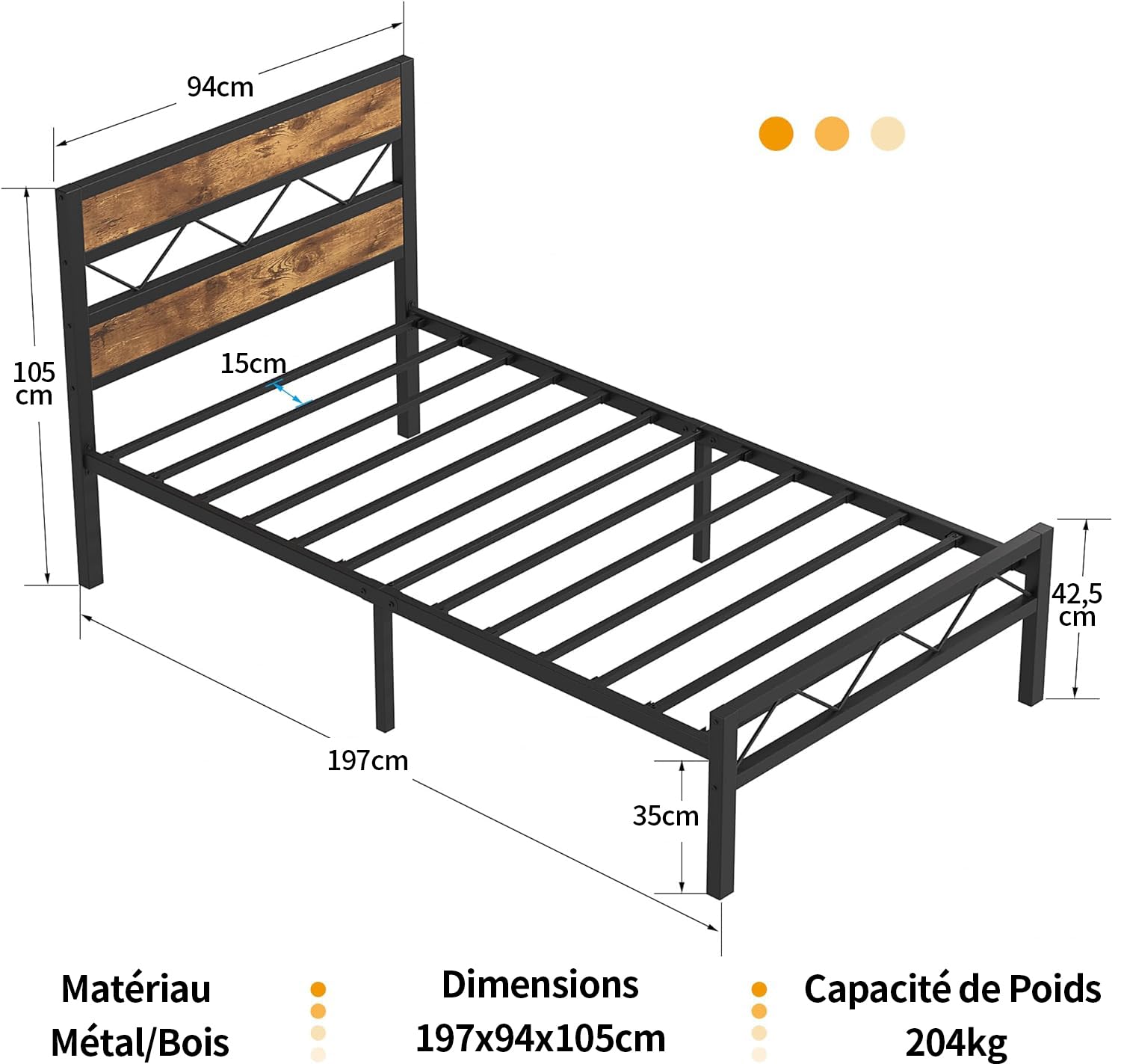 VECELO Cadre de Lit 90 x 190cm, avec Tête en Bois, Sommier Plateforme en Métal, avec Support à Lattes Solides et Espace de Rangement, Assemblage Facile, Marron Rustique